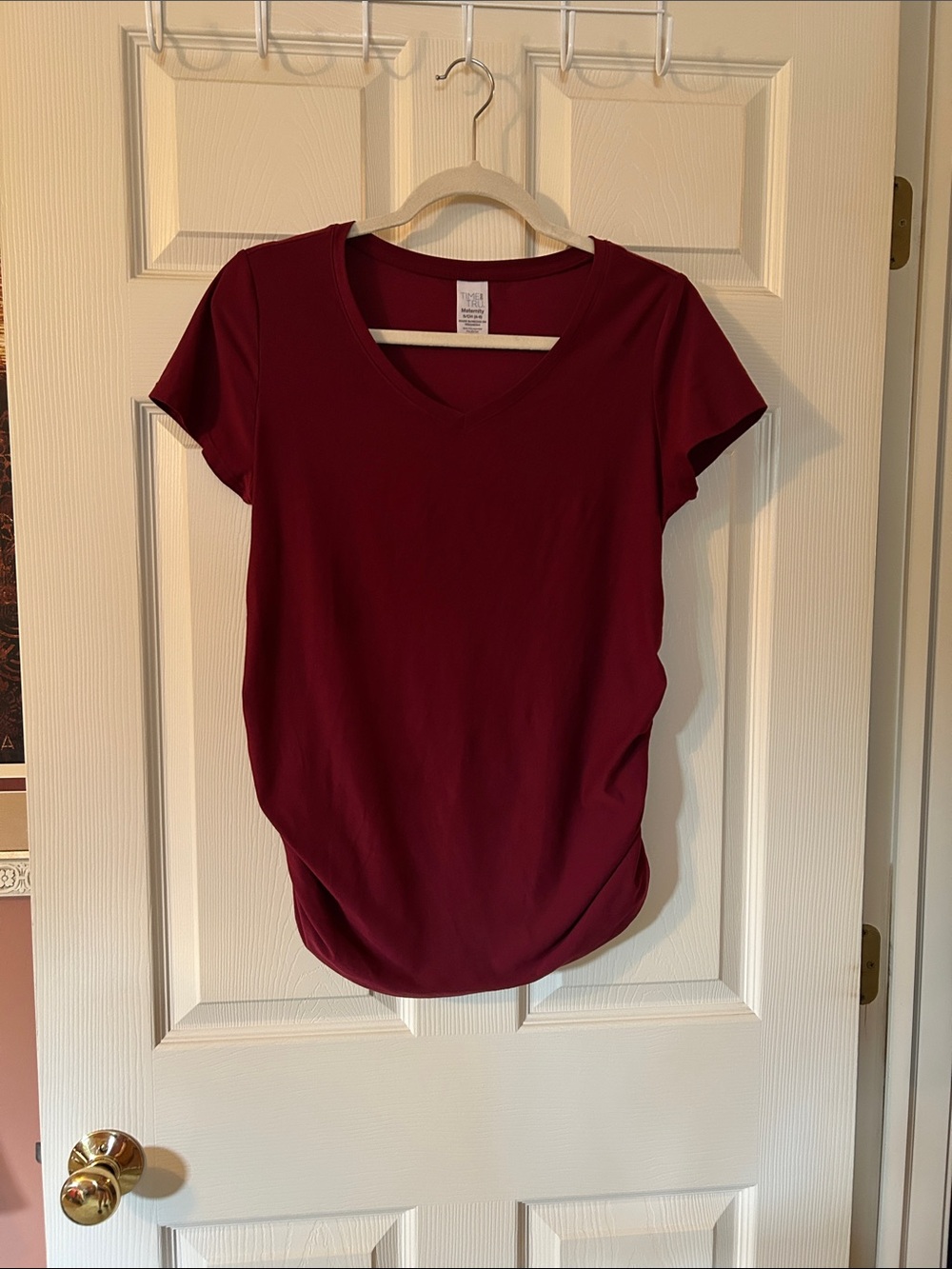 Time and Tru V-Neck Maternity Short Sleeve Top — Burgundy